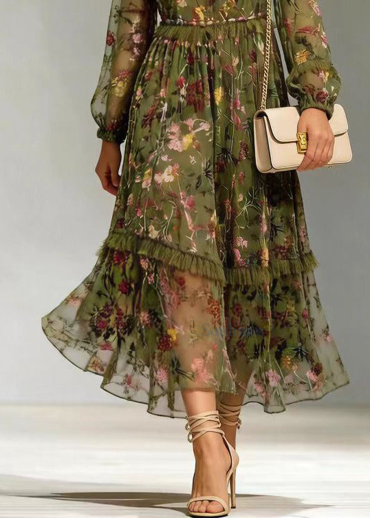 Floral Print High Neck Long Sleeve Tiered Ruffle Chiffon Midi Dress - View 4