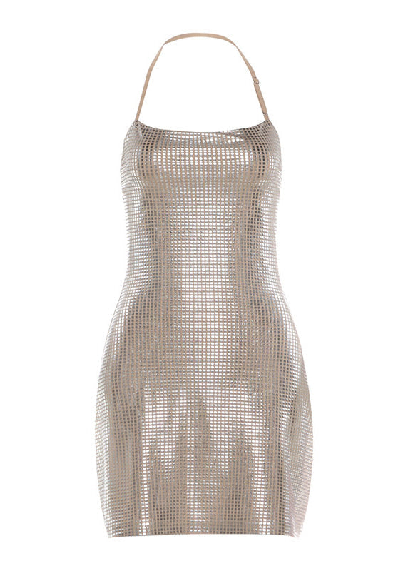 Style Khaki Rhinestone Cotton Mini Dress Summer - View 5