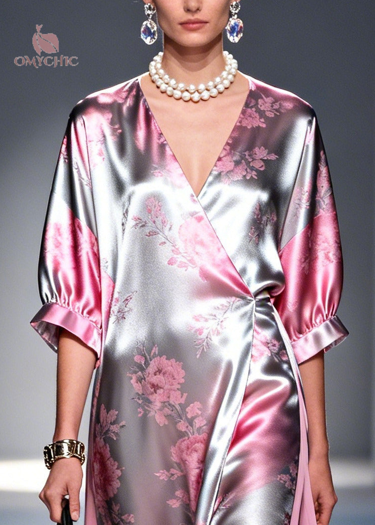 Satin Floral Deep V-Neck Kimono Sleeve High Split Wrap Maxi Dress - View 2