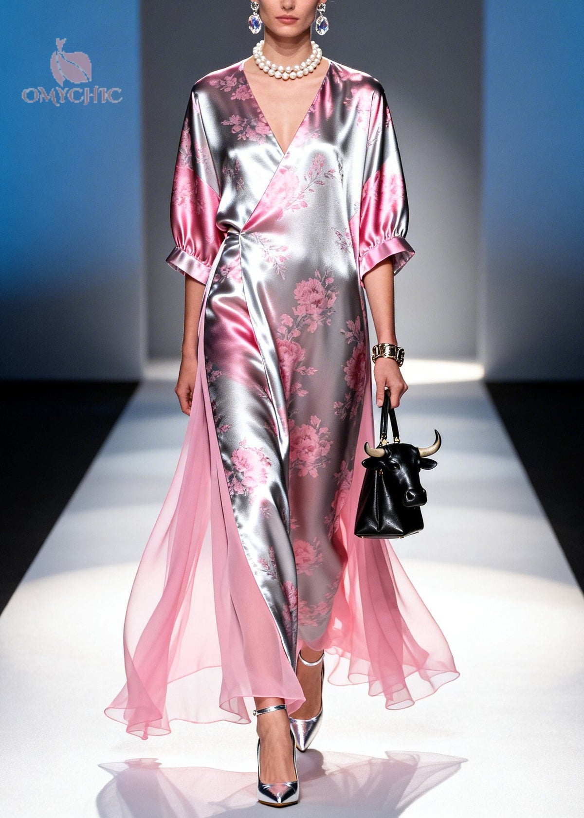 Satin Floral Deep V-Neck Kimono Sleeve High Split Wrap Maxi Dress - View 3