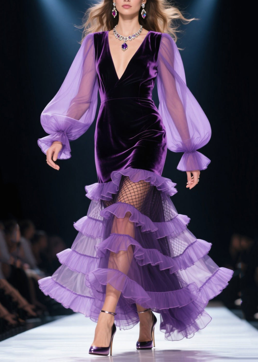Style Purple Layered Ruffled Patchwork Silk Velvet Party Dresses Spring - View 3