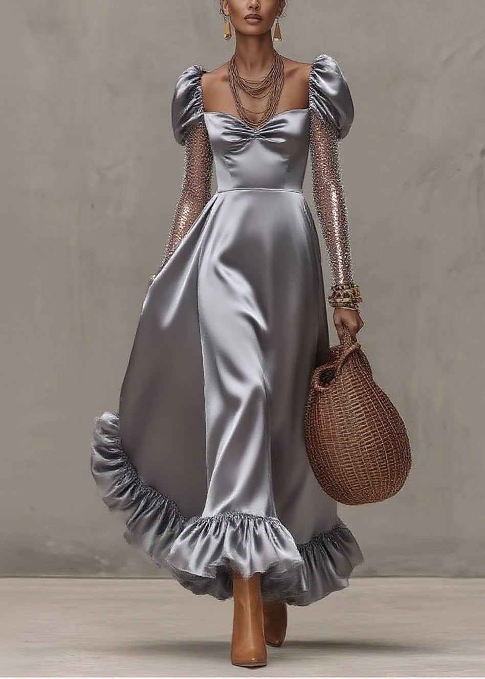 Style Silvery Puff Sleeve Patchwork Tulle Exra Large Hem Party Dress - View 3