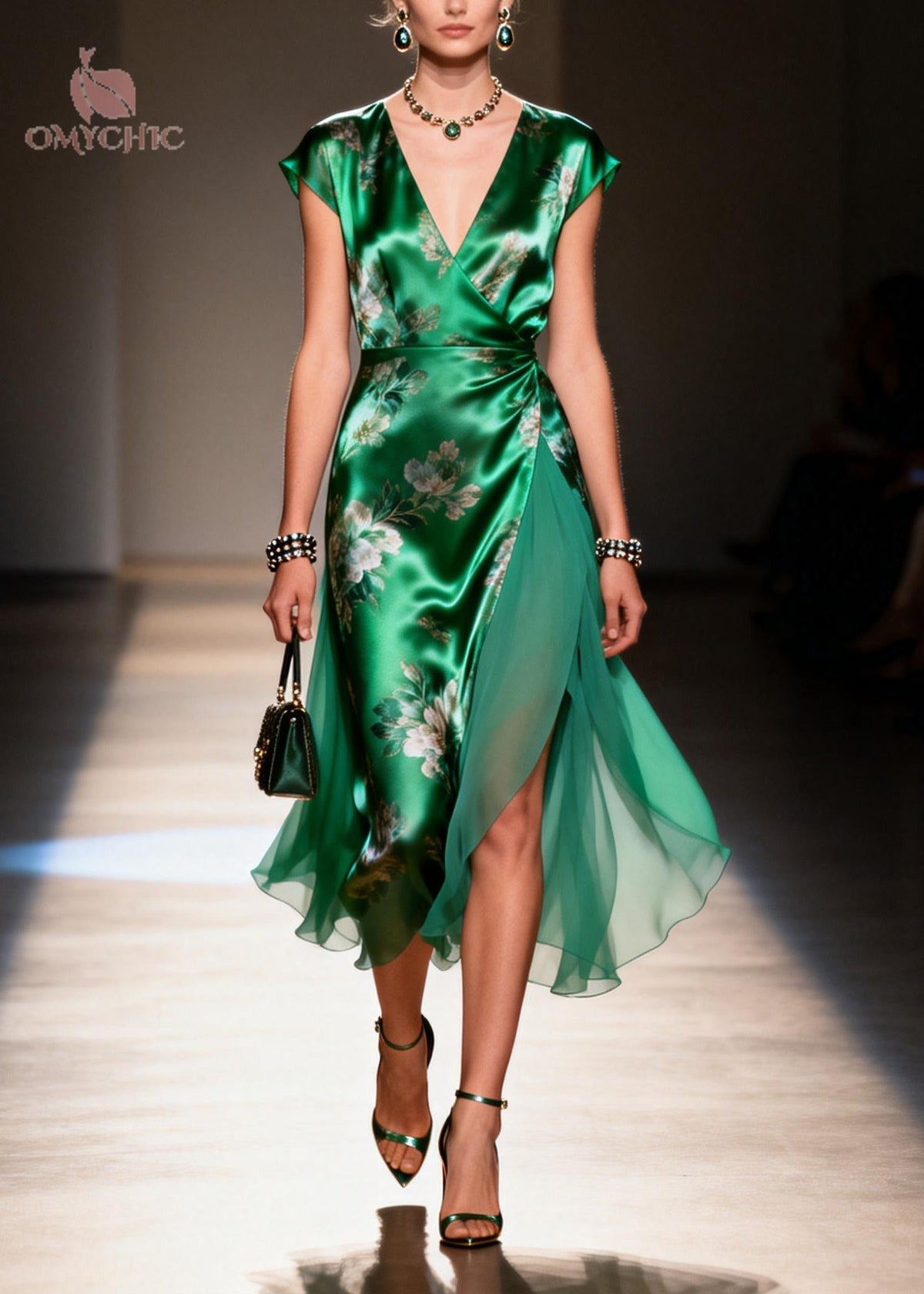 Floral Print Satin Chiffon Deep V-Neck Cap Sleeve Midi Dress
