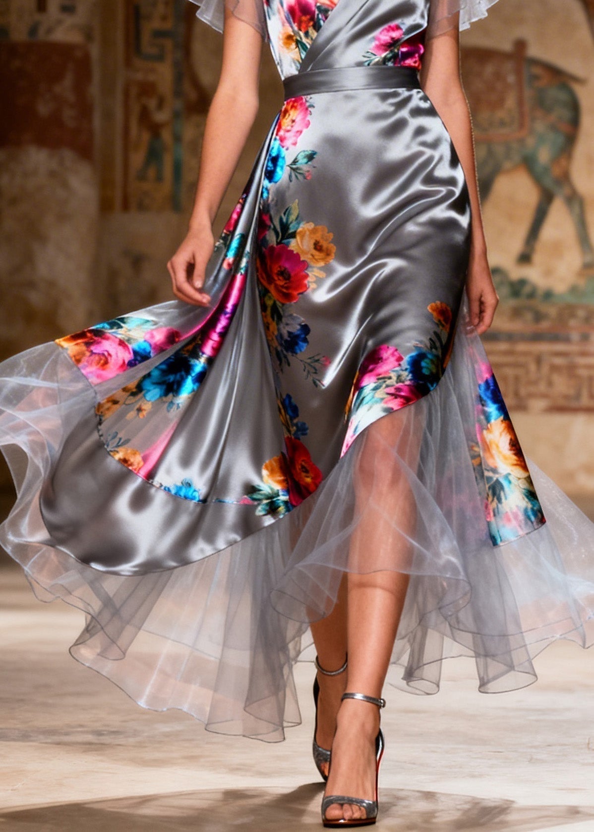Floral Print V-Neck Flutter Sleeve Wrap Satin Tiered Midi Dress - View 4