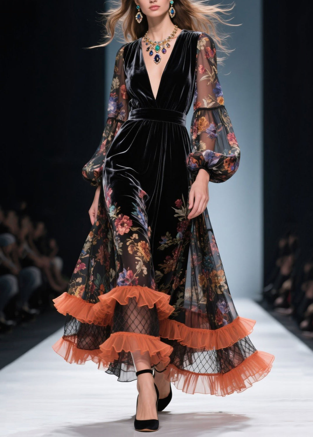Style V Neck Ruffled Print Patchwork Velvet Dresses Fall - View 5
