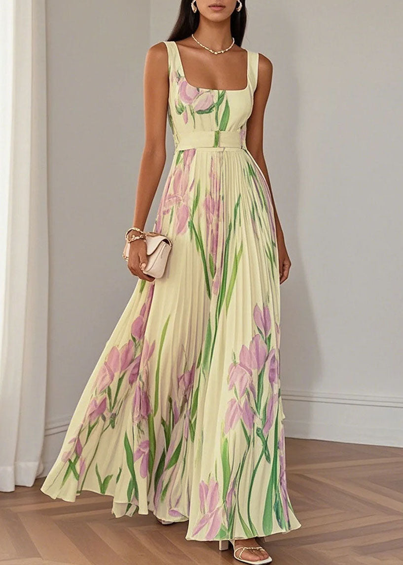 Floral Print Square Neck Sleeveless Belted Pleated Maxi Dress - View 5