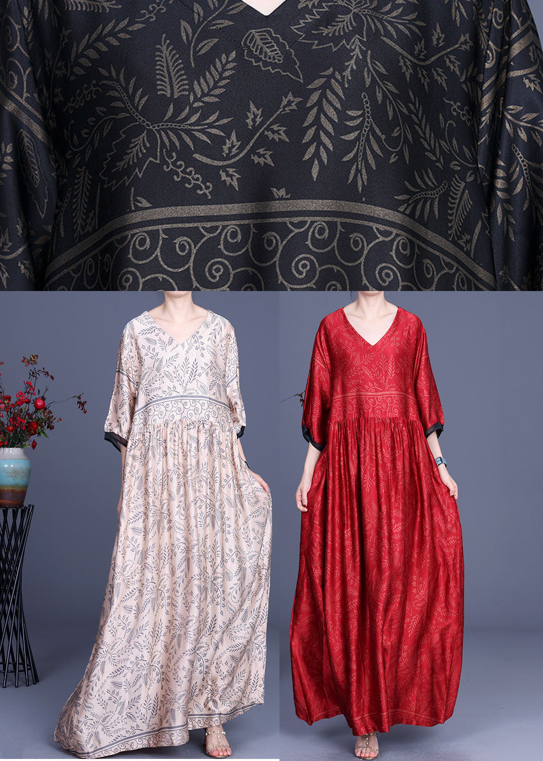 Botanical Print V-Neck Three Quarter Sleeve Maxi Dress - View 5