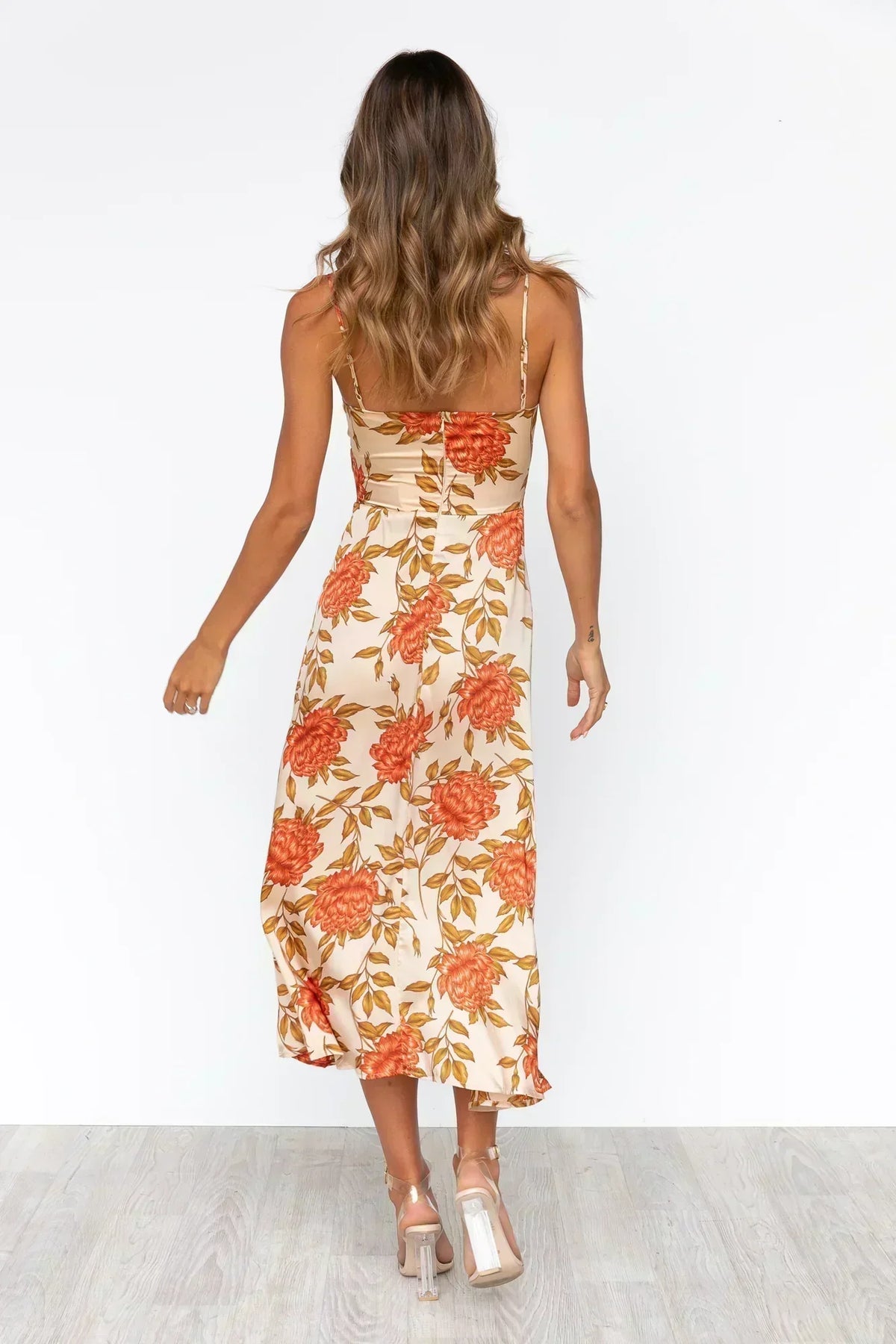 Floral Tie Front Cut Out Spaghetti Strap High Split Midi Dress 7