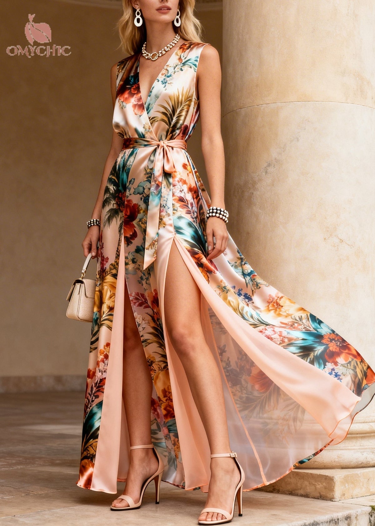 Satin Tropical Print Wrap V-Neck Tie Belt Dual Maxi Dress - View 5