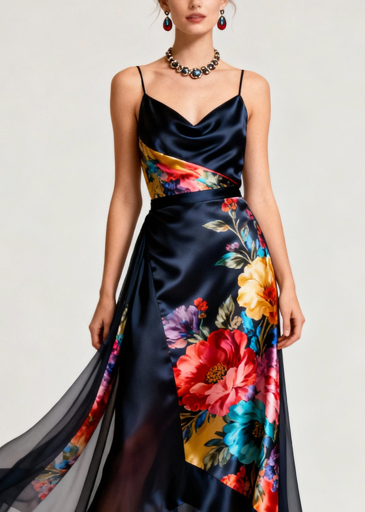 Cowl Neck Spaghetti Strap Floral Print Wrap Satin Midi Dress - View 2