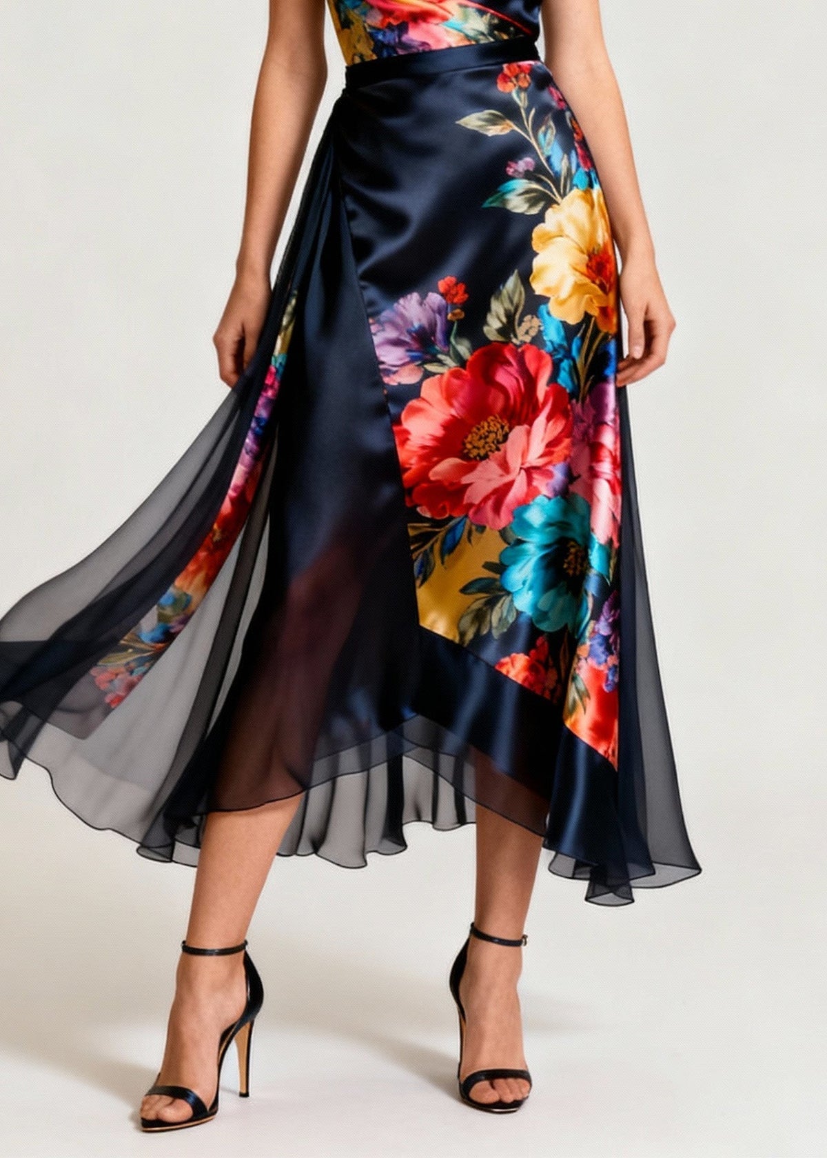Cowl Neck Spaghetti Strap Floral Print Wrap Satin Midi Dress - View 4