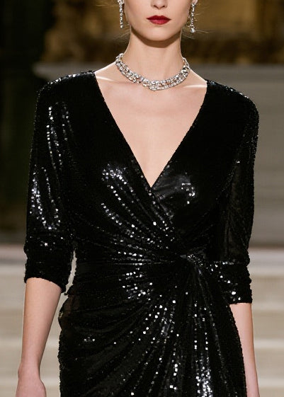 Sequin Deep V-Neck Three Quarter Sleeve Wrap Knot High Split Maxi Gown - View 2