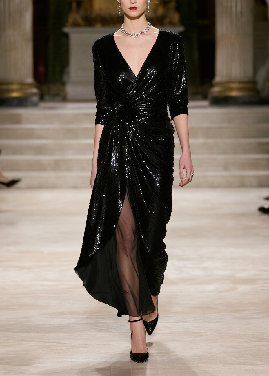 Sequin Deep V-Neck Three Quarter Sleeve Wrap Knot High Split Maxi Gown - View 3