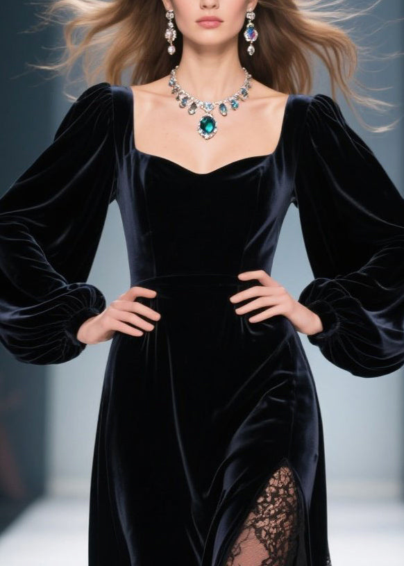 Velvet Sweetheart Bishop Sleeve Lace Panel High Split Maxi Gown - View 2