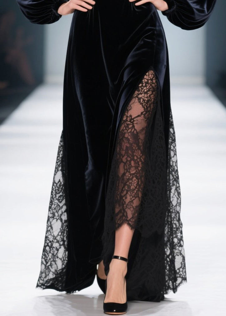 Velvet Sweetheart Bishop Sleeve Lace Panel High Split Maxi Gown - View 4