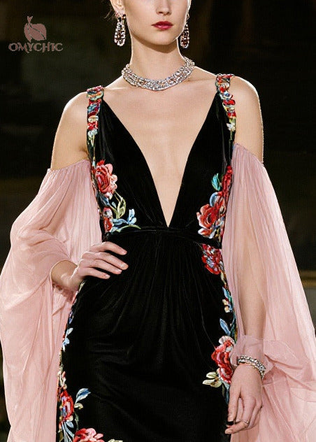 Floral Embroidered Velvet Chiffon Cape Sleeve Maxi Gown - View 2
