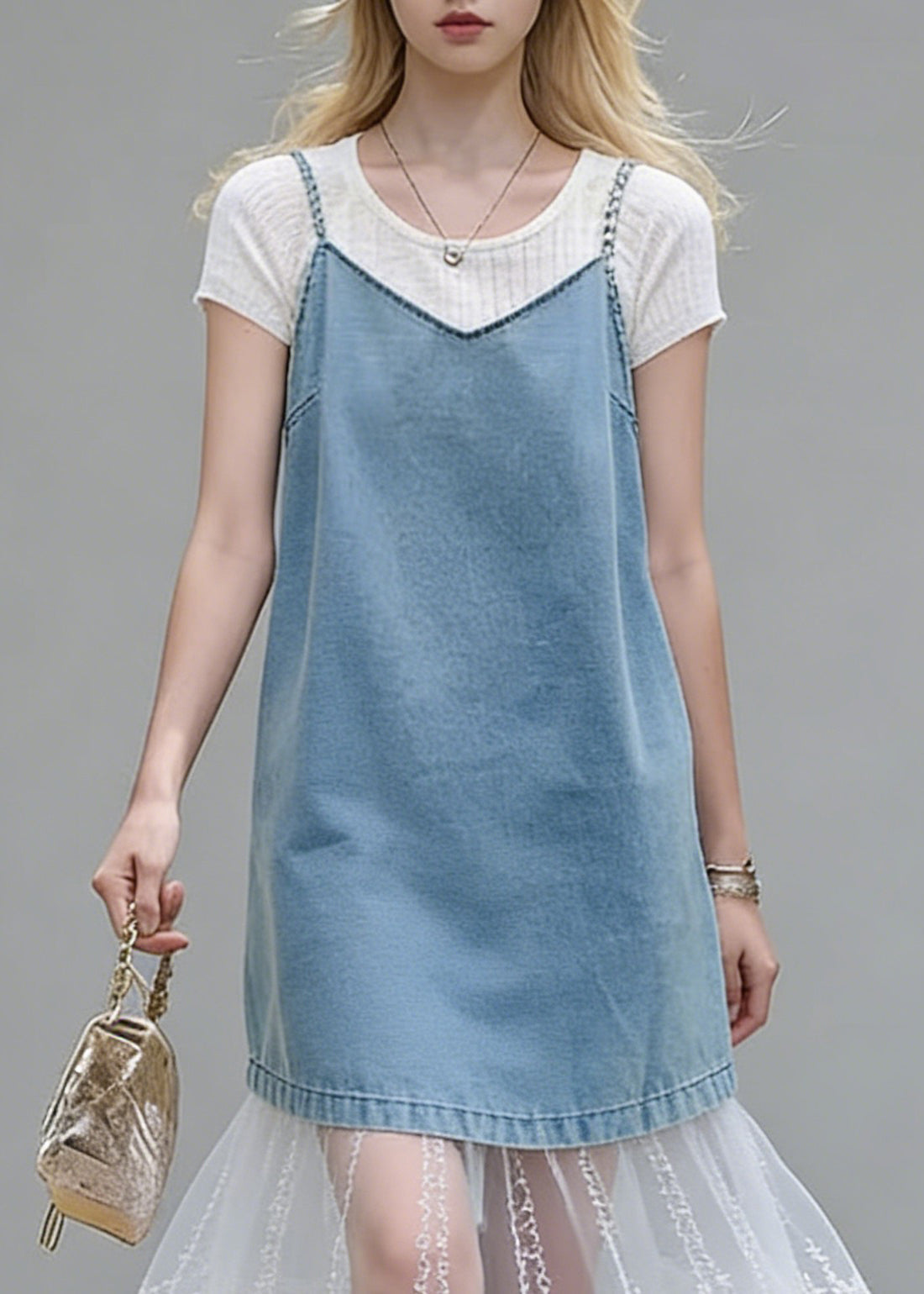 Blue Lace Patchwork Tops Spaghetti Strap Two Piece Set - View 2