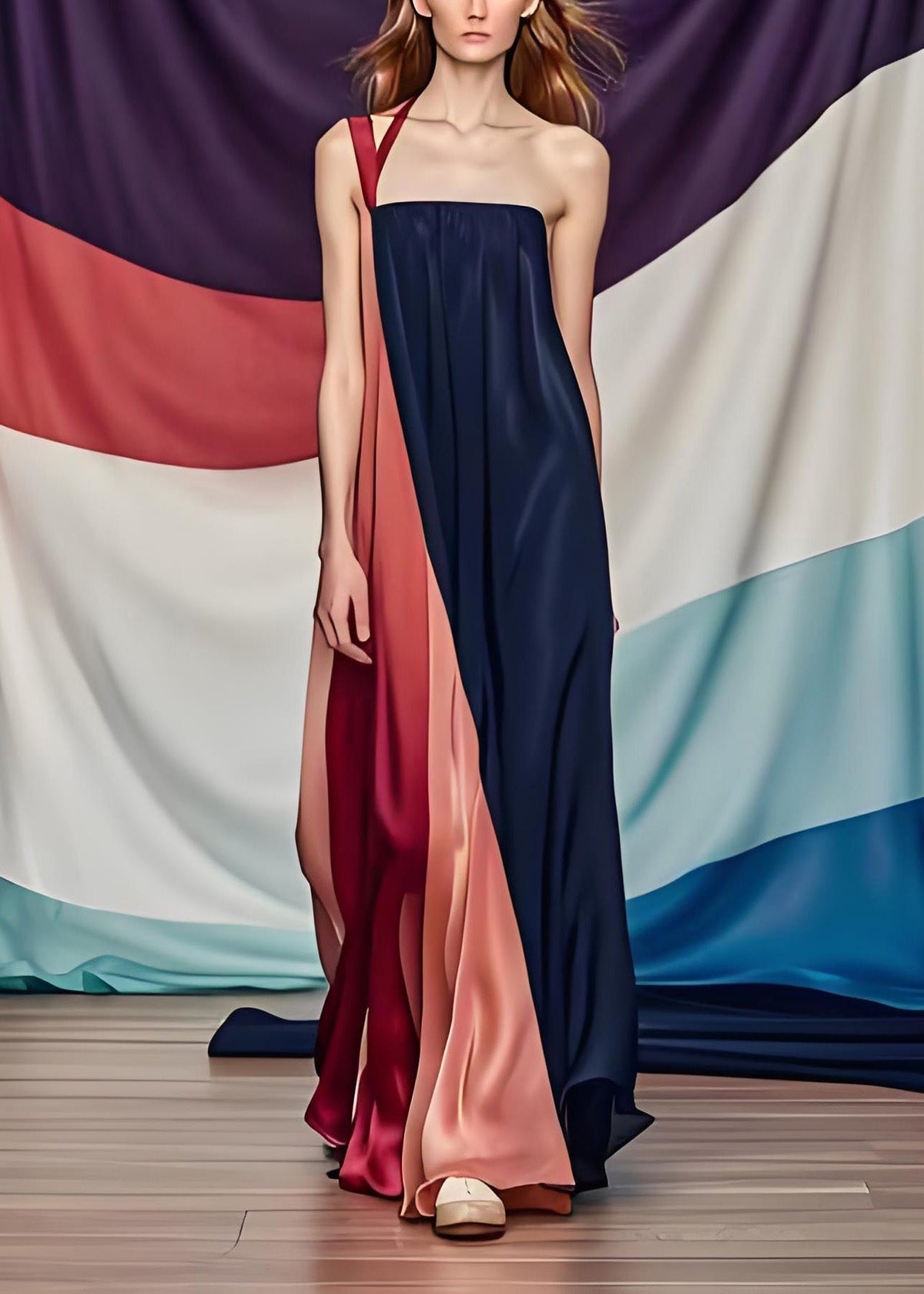Satin One Shoulder Panel Drape Column Maxi Gown - View 2