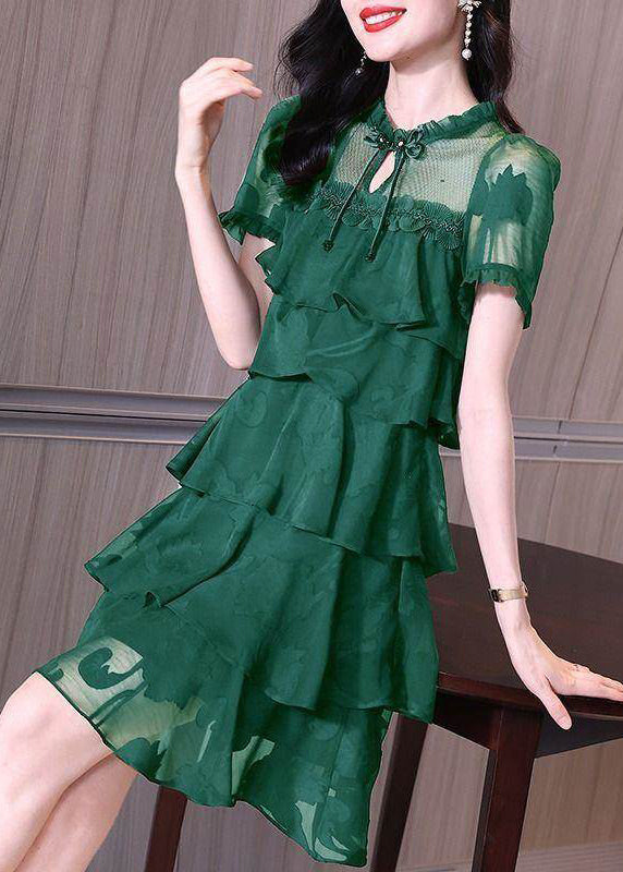 Stylish Dark Green Ruffled Patchwork Chiffon Dress Summer