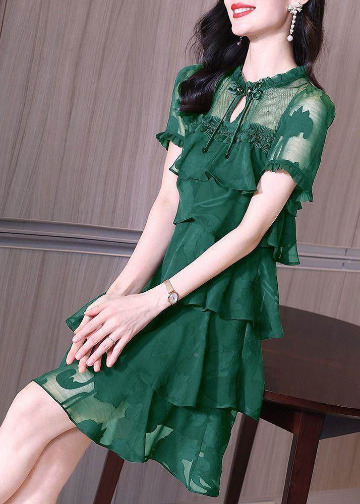 Stylish Dark Green Ruffled Patchwork Chiffon Dress Summer - View 3