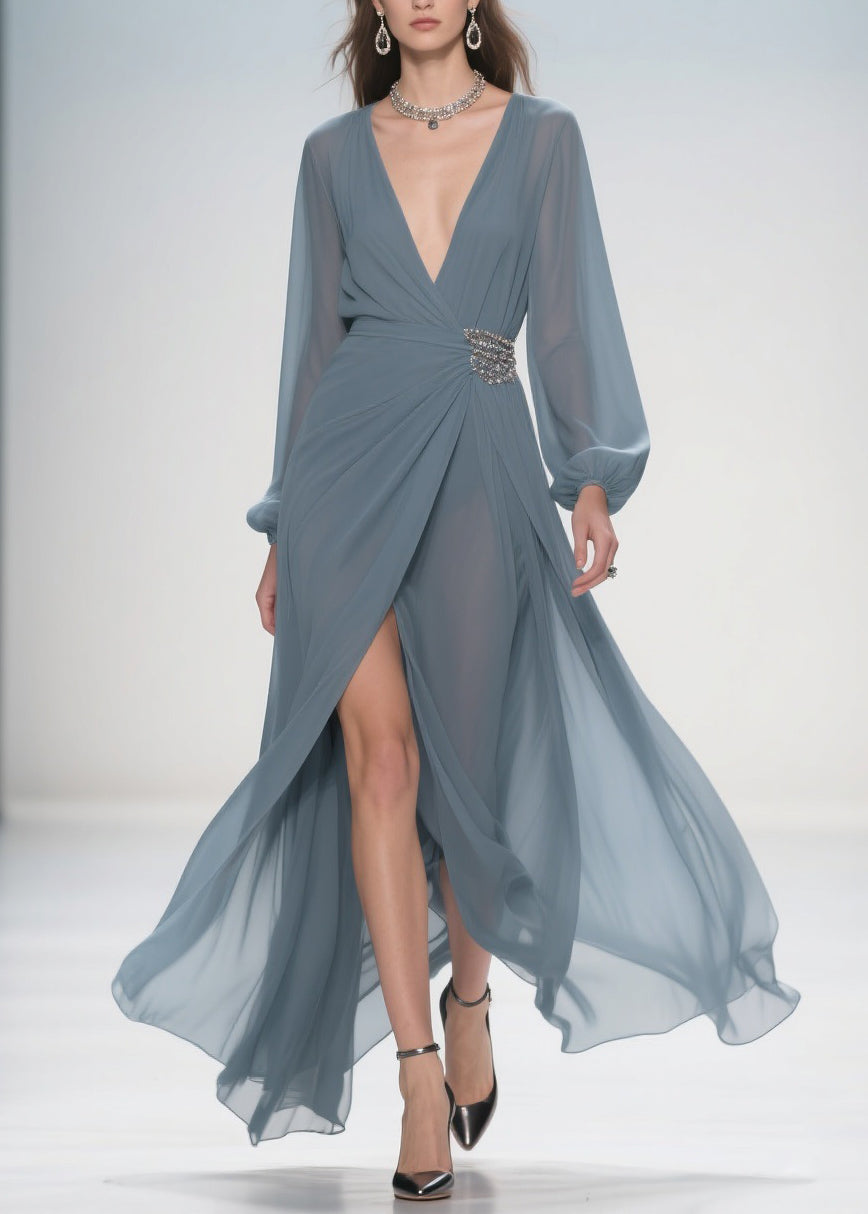 Chiffon Deep V-Neck Rhinestone Waist Wrap High Split Maxi Gown - View 5