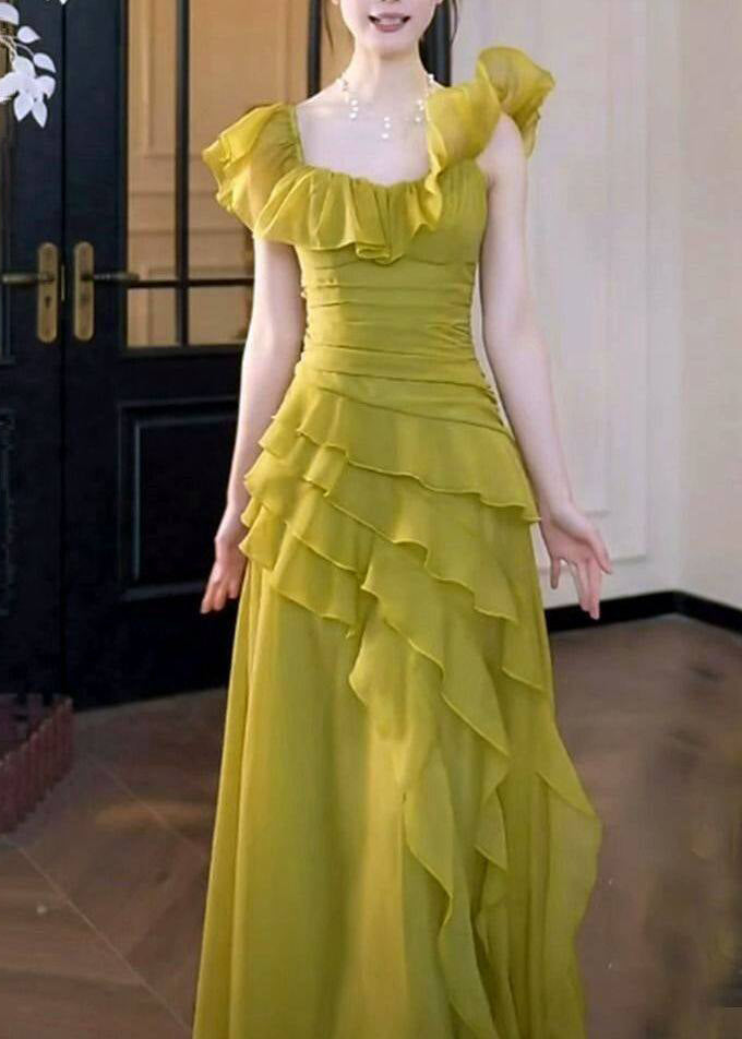 Grass Green Ruffled Asymmetrical Chiffon Party Dress - View 2