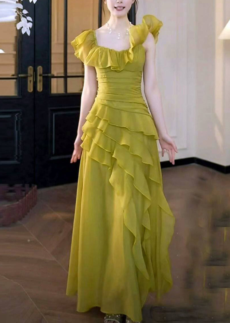 Grass Green Ruffled Asymmetrical Chiffon Party Dress - View 3