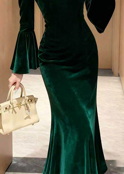Velvet Mock Neck Mesh Lace Trim Bell Sleeve Mermaid Maxi Gown - View 3