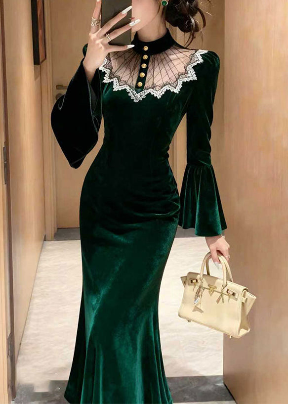 Velvet Mock Neck Mesh Lace Trim Bell Sleeve Mermaid Maxi Gown - View 4