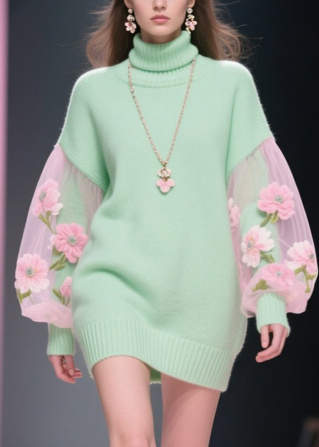 Tulle Floral Puff Sleeve Turtleneck Knit Patchwork Mini Dress - View 2