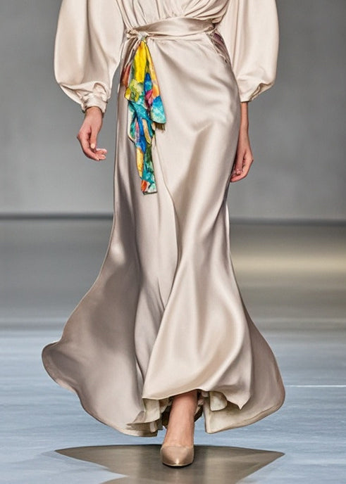 Satin Wrap Deep V-Neck Lantern Sleeve Tie Waist Accent Panel Maxi Gown - View 4