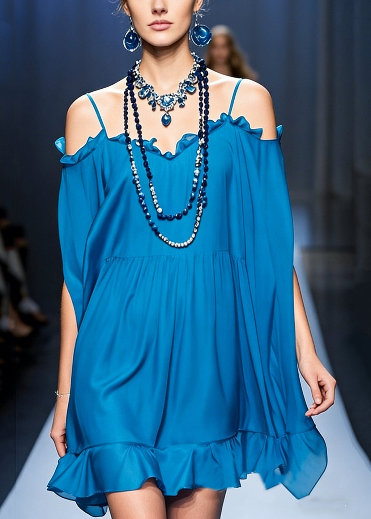 Peacock Blue Cold Shoulder Ruffled Chiffon Spaghetti Strap Dress - View 5
