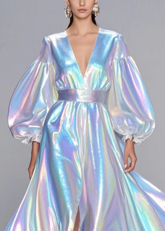 Sequin Deep V-Neck Puff Sleeve High Split Iridescent Maxi Gown - View 3