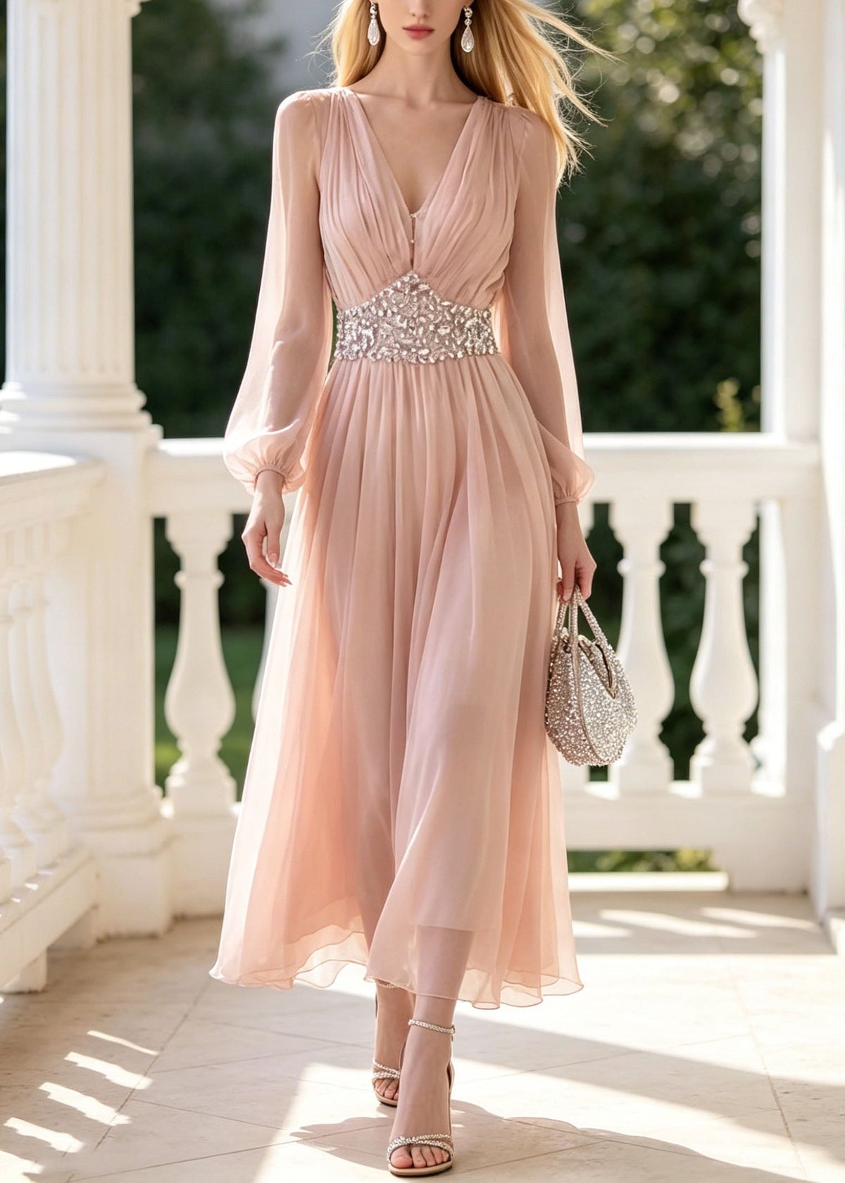 Chiffon V-Neck Long Bishop Sleeve Rhinestone Waist Maxi Gown - View 3
