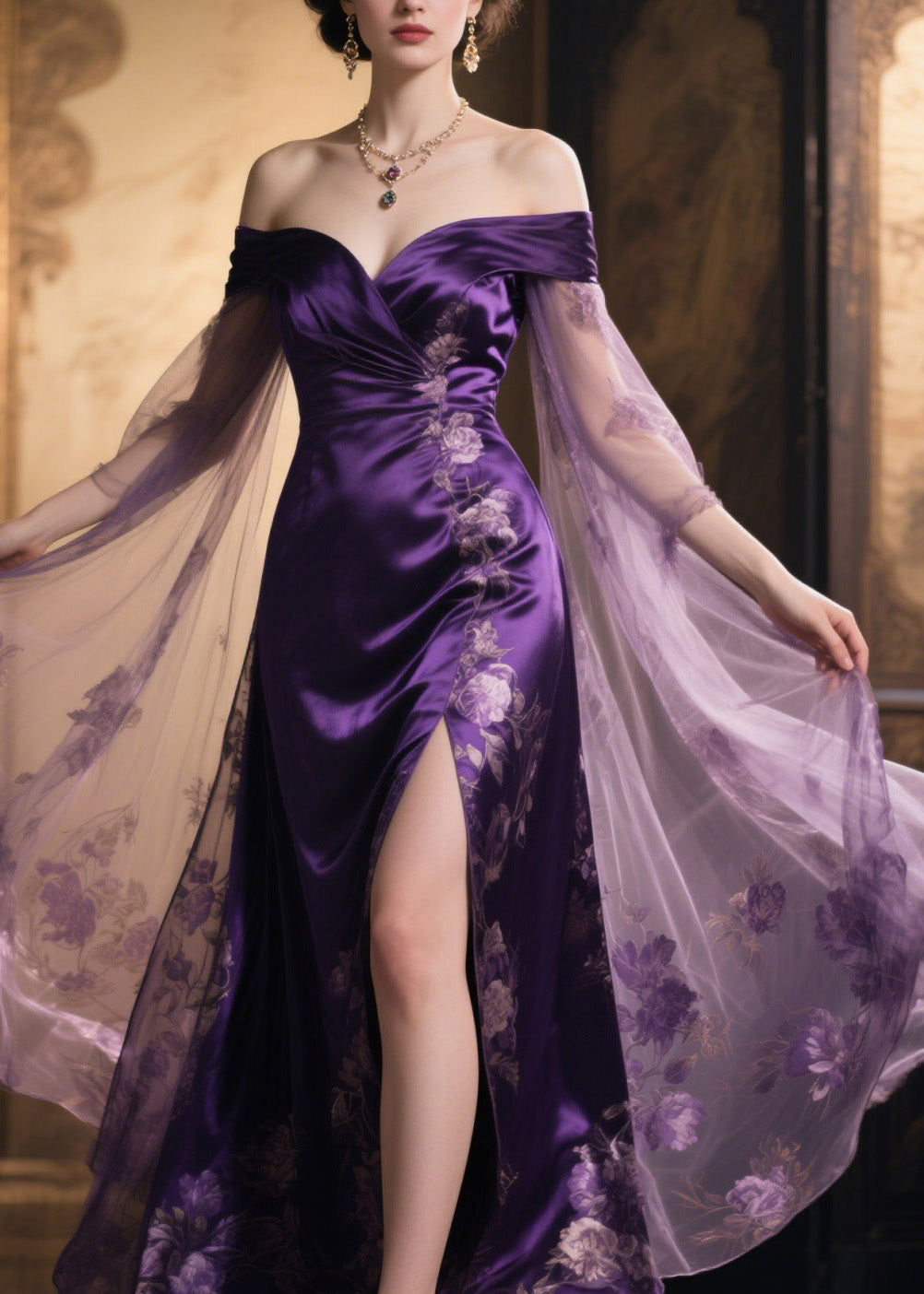 Floral Embroidery Off Shoulder Cape Sleeve High Split Satin Maxi Gown - View 2