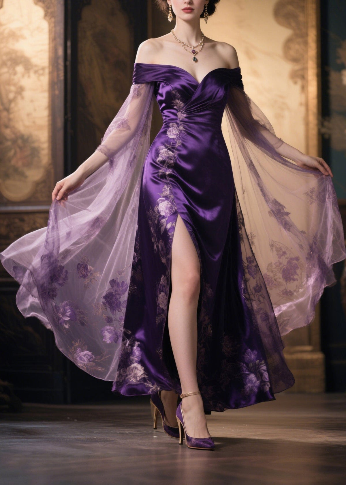 Floral Embroidery Off Shoulder Cape Sleeve High Split Satin Maxi Gown - View 3