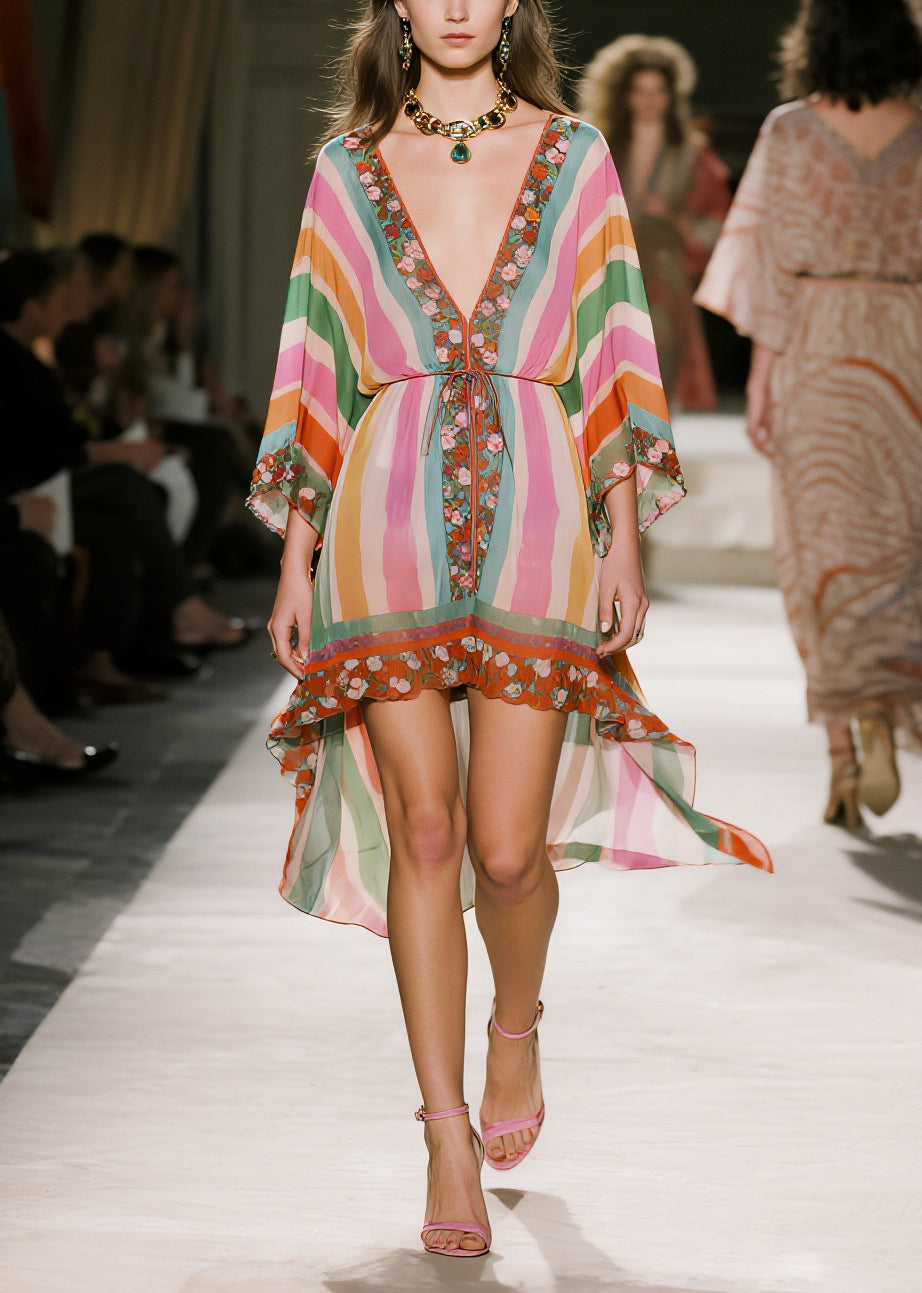 Striped Deep V-Neck Sleeve Floral Border Drawstring Mini Dress