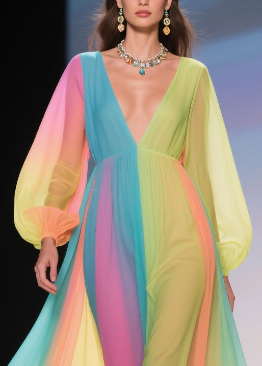 Striped Pleated Chiffon Deep V-Neck Long Sleeve Floral Maxi Gown - View 2