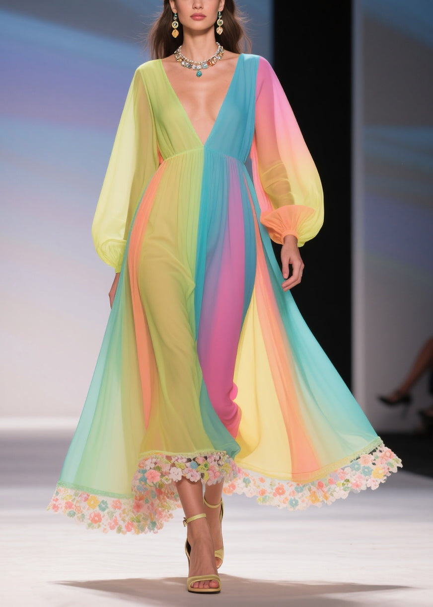 Striped Pleated Chiffon Deep V-Neck Long Sleeve Floral Maxi Gown - View 3