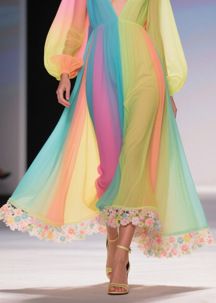Striped Pleated Chiffon Deep V-Neck Long Sleeve Floral Maxi Gown - View 4