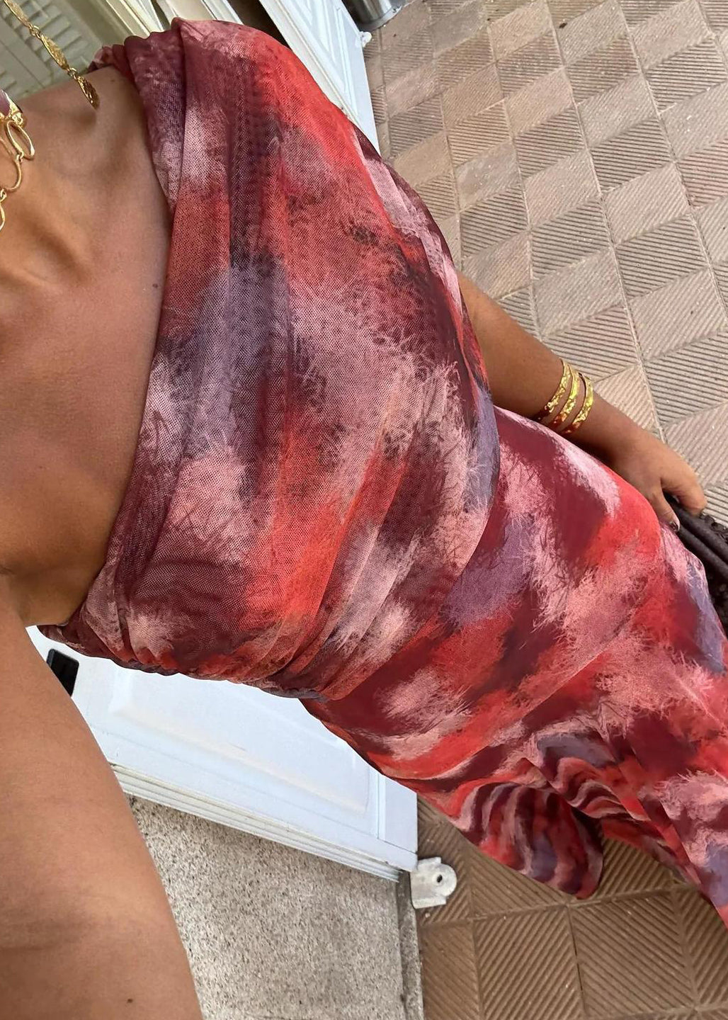 One Shoulder Abstract Print Tulle Draped Ruched Pleated Maxi Dress - View 4