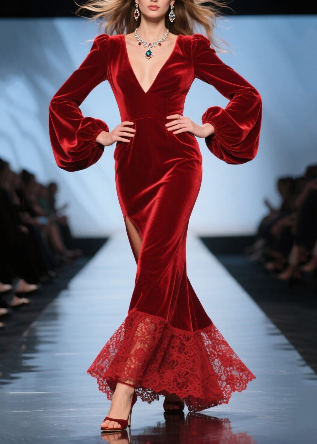 Velvet Deep V-Neck Bishop Sleeve Lace Hem High Split Maxi Gown - View 3