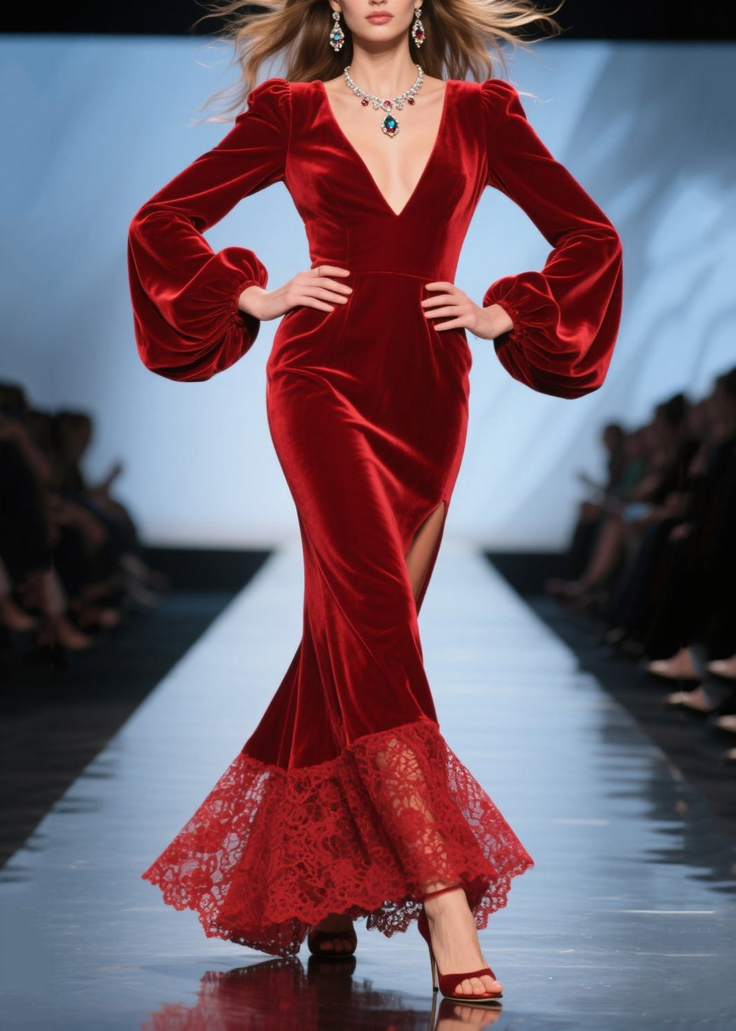 Velvet Deep V-Neck Bishop Sleeve Lace Hem High Split Maxi Gown - View 5
