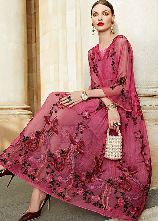 Embroidered Phoenix Floral Hooded V-Neck Bell Sleeve Maxi Dress