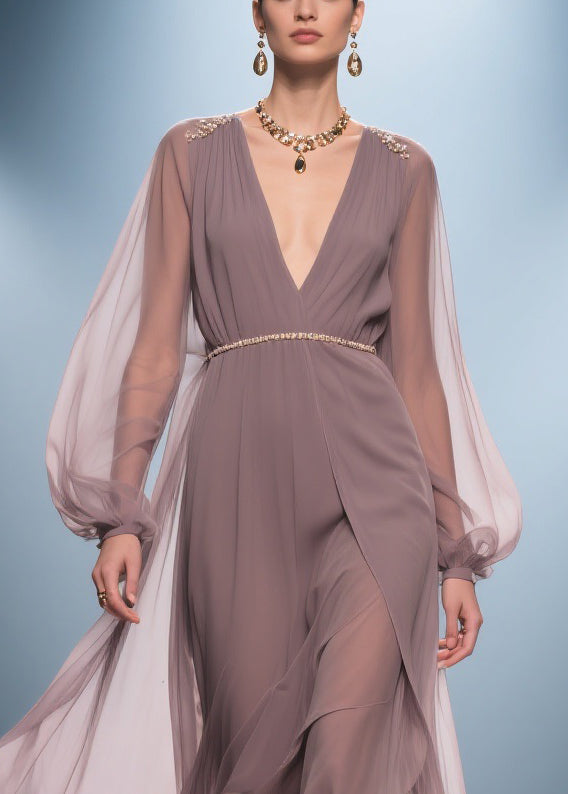 Chiffon Deep V-Neck Bishop Sleeve Gold Beaded Belt Maxi Gown - View 2