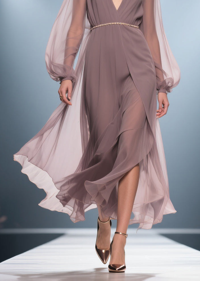 Chiffon Deep V-Neck Bishop Sleeve Gold Beaded Belt Maxi Gown - View 4