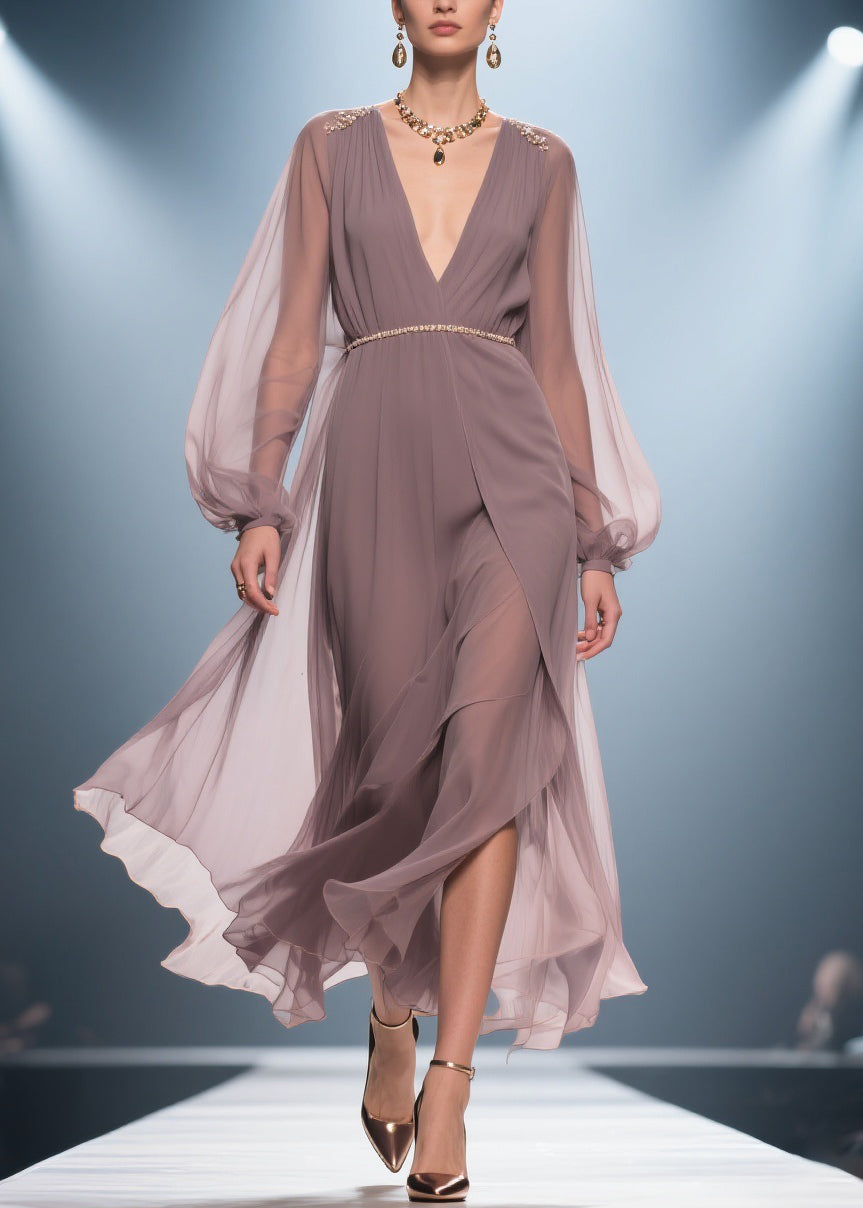 Chiffon Deep V-Neck Bishop Sleeve Gold Beaded Belt Maxi Gown - View 5