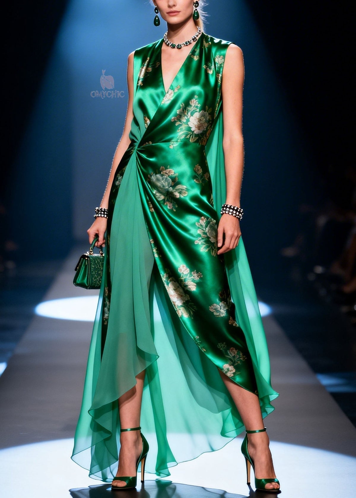 Satin Floral Print Sleeveless V-Neck Wrap Waist Sheer Maxi Gown - View 3