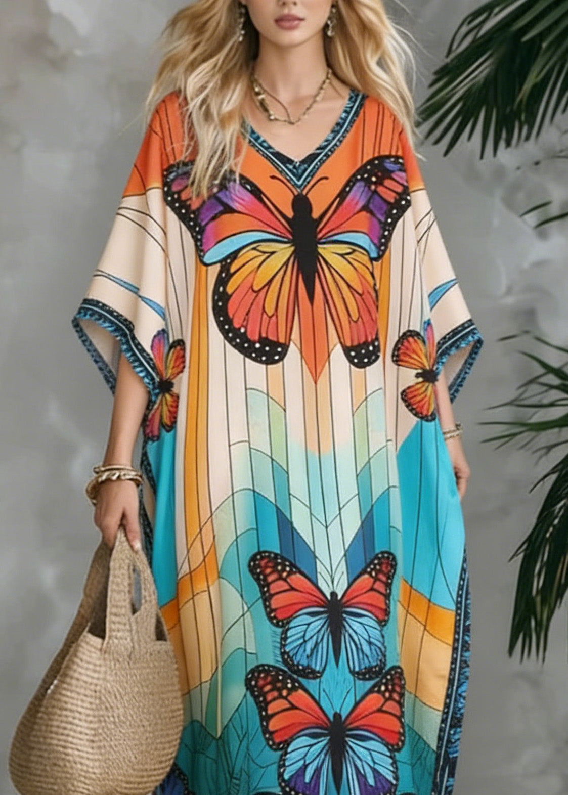 Stylish V Neck Butterfly Print Chiffon Maxi Dresses Summer - View 2