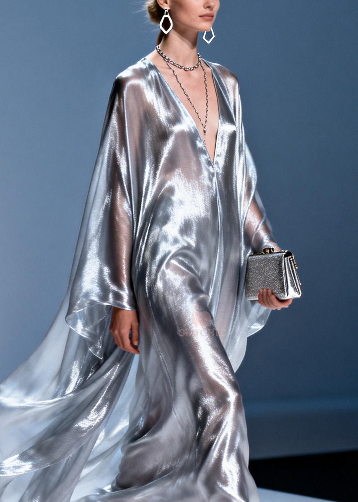 Metallic Chiffon Deep V-Neck Oversized Cape Sleeve Kaftan Maxi Gown - View 2